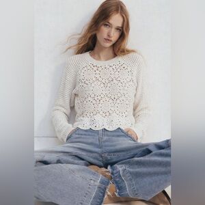 Francesca’s Lilly Crochet Front Pointelle Pull Over White Sweater M